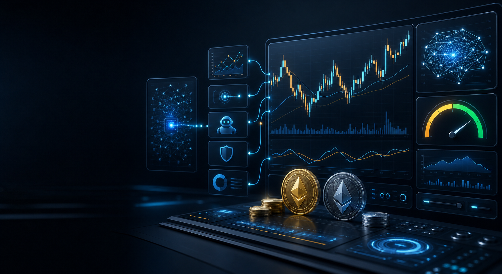 AI crypto trading bot dashboard with market charts and risk controls